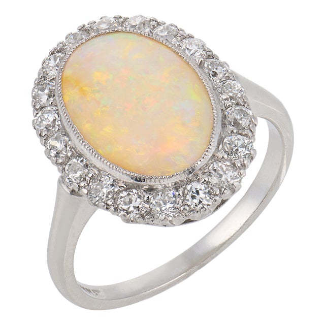 Mid Century Opal Old European Cut Diamond Platinum Cluster Ring, Size 6 For Sale