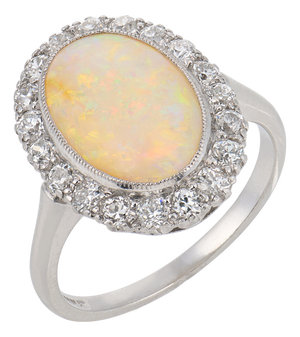 Mid Century Opal Old European Cut Diamond Platinum Cluster Ring, Size 6