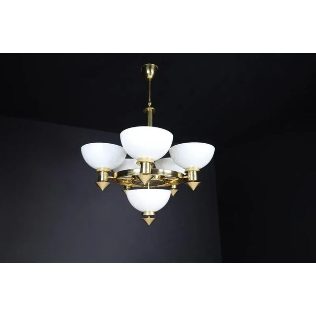Sculptural Italian Chandelier in Brass & White Opaline Glass, 1970s For Sale - Image 4 of 18