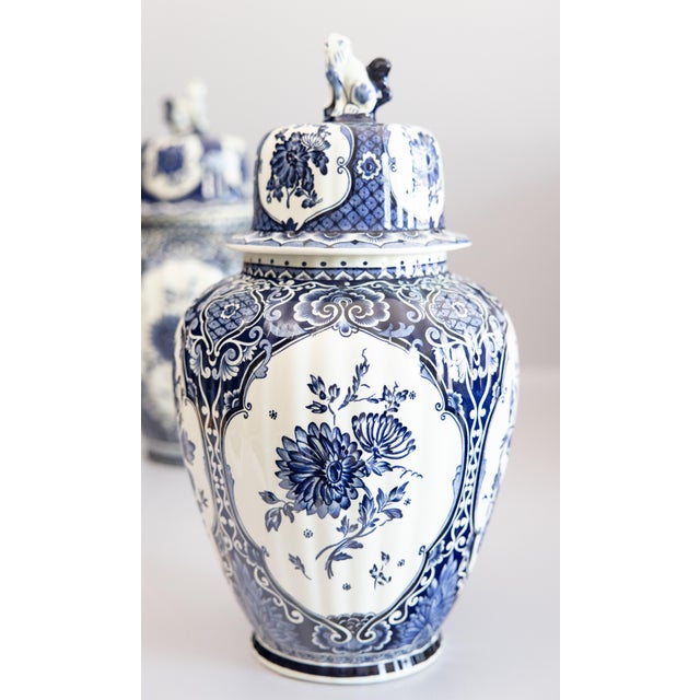 Large Mid-Century Dutch Delft Lidded Ginger Jars Vases - A Pair For Sale - Image 9 of 14