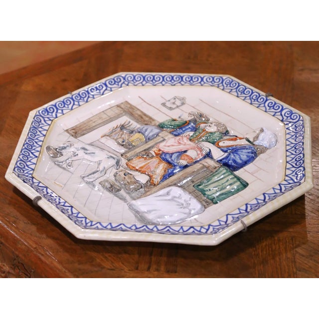 19th Century French Hb Quimper Faience Octagonal Wall Platter or Serving Tray For Sale - Image 4 of 10