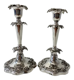 Sheffield Silver Plate Candle Holders W/ Sterling Silver Mounts Mid 20th C.