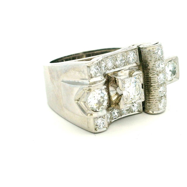 Vintage Platinum Diamond Cocktail Ring, 3 Carats Total, 1940s, Size 6.5 For Sale - Image 12 of 17