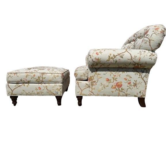 Custom Tufted Scalamandre Light Blue Floral Lounge Chair and Ottoman For Sale - Image 12 of 18