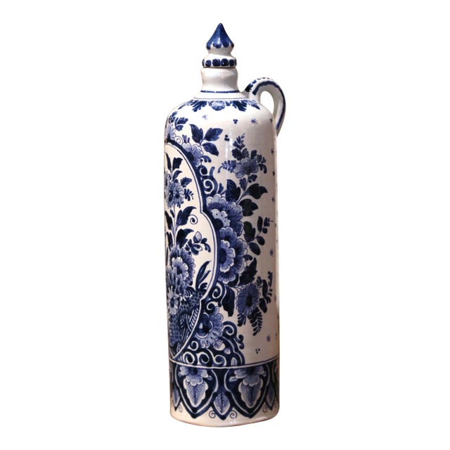 Mid-Century Dutch Blue and White Painted Faience Delft Olive Oil Bottle For Sale