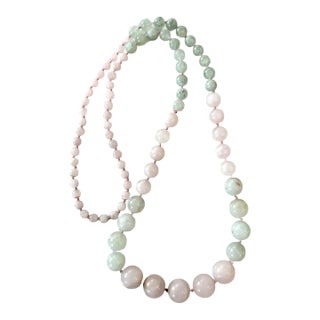 Vintage Rose Quartz and Jade Beaded Necklace - 29" For Sale