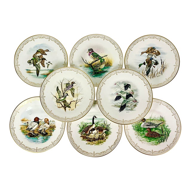 1980 Vintage Arts & Crafts English Bone China Water Fowl Birds Dinner Plates -Set of 8, Thanksgiving For Sale
