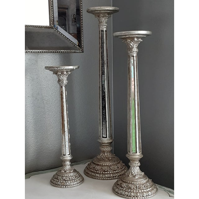 Trio of Antiqued Silver Mirrored Tall Candle Holders Set of 3 Chairish