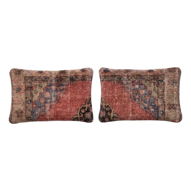 Turkish Wool Lumbar Rug Pillow Cover 16'' X 23'' - Set of Two For Sale