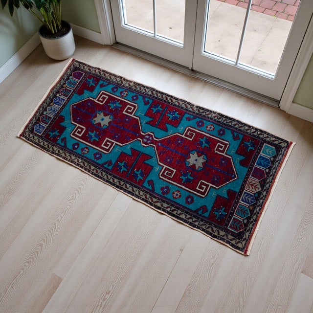 Rustic Hand Knotted Oushak Rug Low Pile Faded Entryway Mat Small Rug Yastik - 20'' X 44'' For Sale - Image 3 of 13