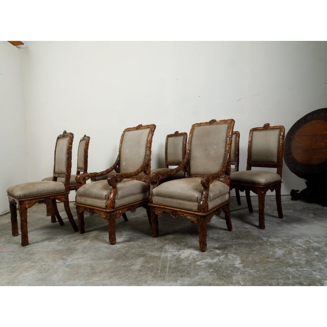 Brown Set of Eight 1920s Black Forest Dining Room Chairs with Hand-Carved Floral Décor For Sale - Image 8 of 12