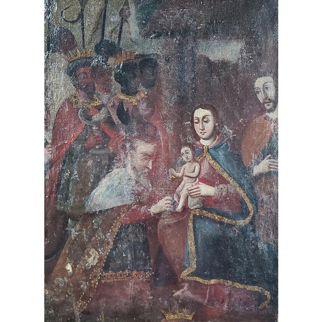Authentic 18th century Cuzco oil painting depicting the Adoration of the Magi. The medium is oil on canvas and the canvas...