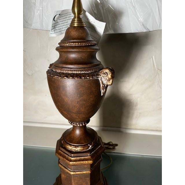 1 Clayton & Company Ceramic Lamp with Rams Head Accents, Mottled Brown Finish with Gold Accents, Special Marbleized Silk...