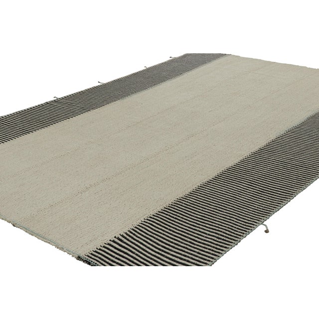 Rug & Kilim Rug & Kilim’s Contemporary Kilim With Textural Cream and Black Stripes For Sale - Image 4 of 7