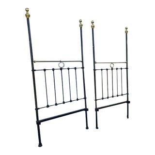 1900s Pair of Tall Brass & Iron Twin Bed Head Boards For Sale