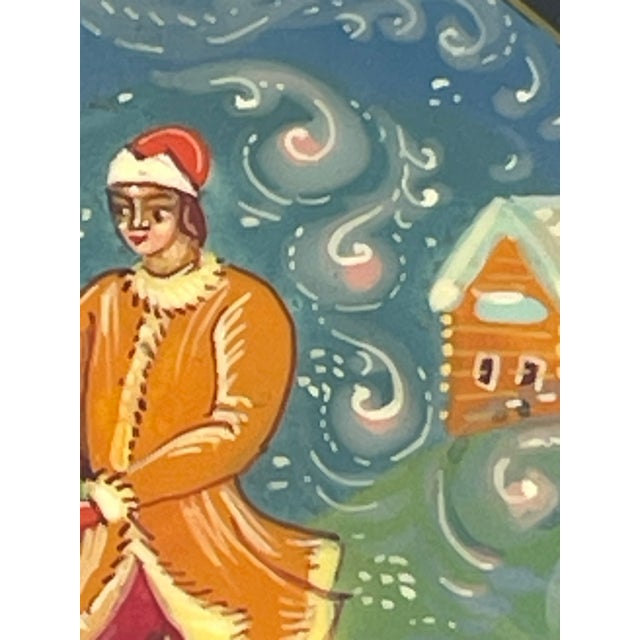 Folk Art Vintage Mstera Lacquer Box, Hand Painted Soviet Folk Art, Metelitsa Snowstorm Winter Scene, Signed Gift for Art Collector, 1970s Papier Mache Casket For Sale - Image 3 of 12