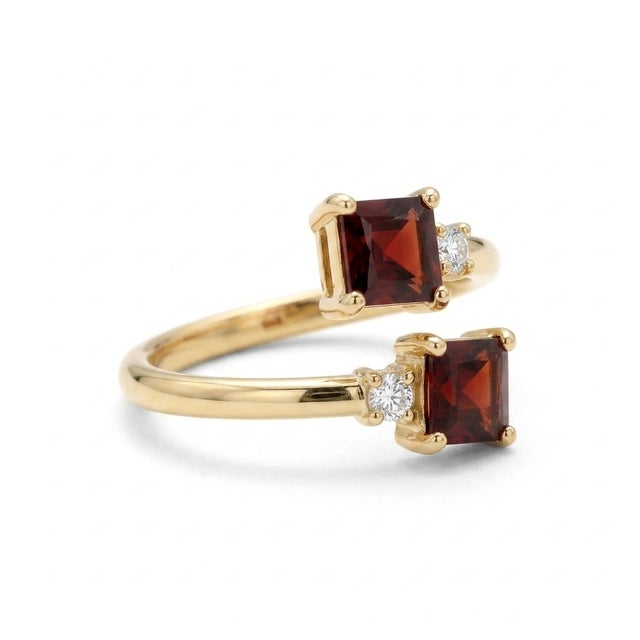 Contemporary 18k Yellow Gold Plated Two-Stone Princess Cut Garnet & Cz Bypass Ring Us 7 For Sale - Image 3 of 3