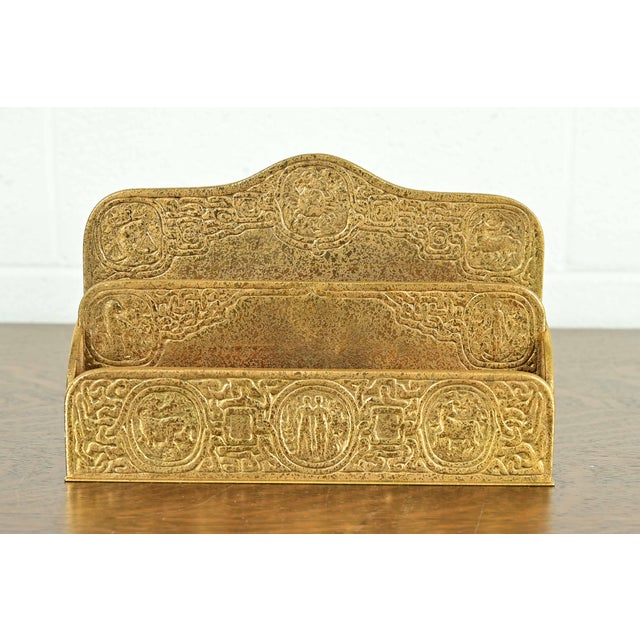 A gorgeous antique Arts & Crafts or Art Deco period gilt bronze "Zodiac" pattern desk letter holder rack By Tiffany...