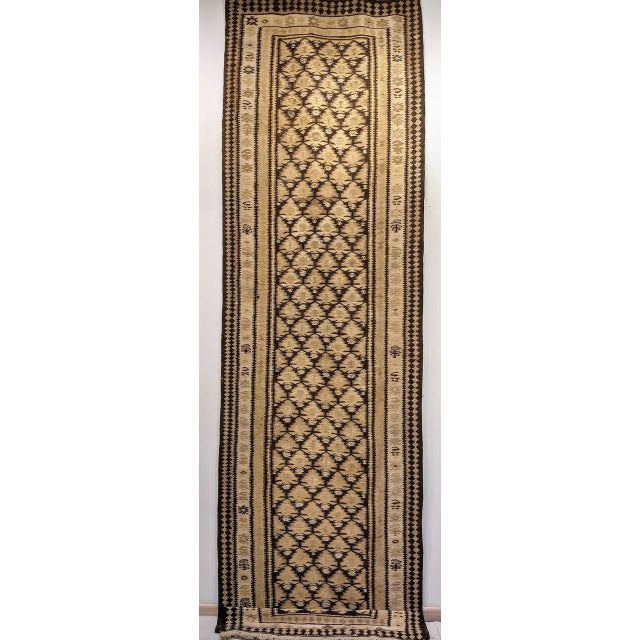 Vintage Persian Qazvin Tribal Kilim Runner, Handwoven Wool, Allover Paisley Pattern, Tan & Brown, 3x11 For Sale - Image 12 of 18