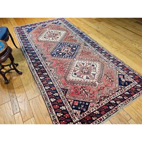 Vintage Persian Shiraz Tribal Area Rug, Handwoven Geometric Pattern, Rust Red & Navy, 5’ X 10' For Sale In Chicago - Image 6 of 12
