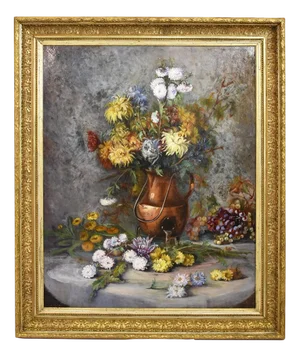 Dahlias and Chrysanthemums Flowers, 1890s, Oil on Canvas, Framed