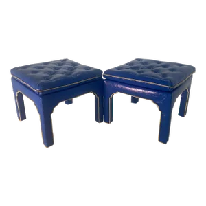 1970s Blue Vinyl Pillow Top Ottomans - Set of Two