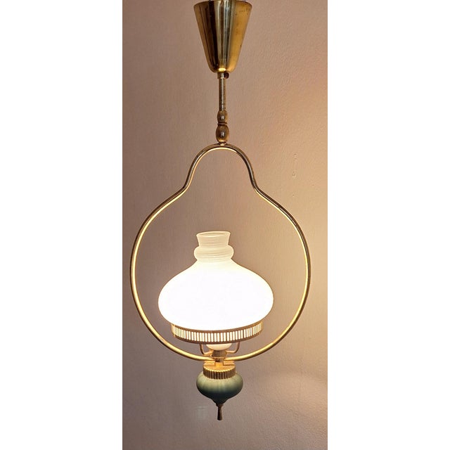 Metal Vintage Hanging Lamp with Brass Frame and White Patterned Glass Shade, 1960s For Sale - Image 7 of 7
