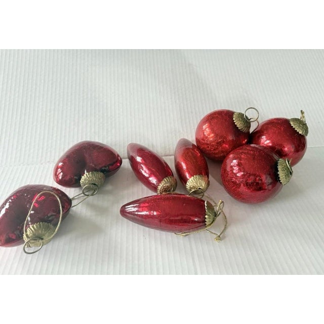 Vintage(8)Christmas Crackle Glass Kugel Style Ornaments Hearts,balls,teardrop Ruby Red Christmas Holiday Decor For Sale - Image 10 of 12