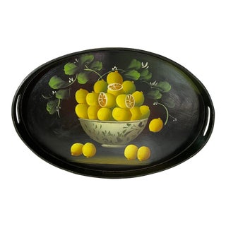 Mid 20th Century Hand Painted Oval Wood Tray With Lemons With Slot Handles. For Sale