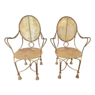 1950’s Italian Gilt Rope and Tassel Wrought Iron Hollywood Regency Chairs - A Pair For Sale