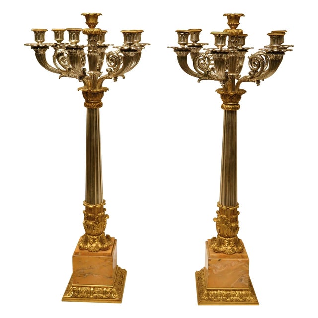 Bronze Empire Style Silvered and Gilt Bronze Candelabra with Marble Bases - A Pair For Sale - Image 8 of 8