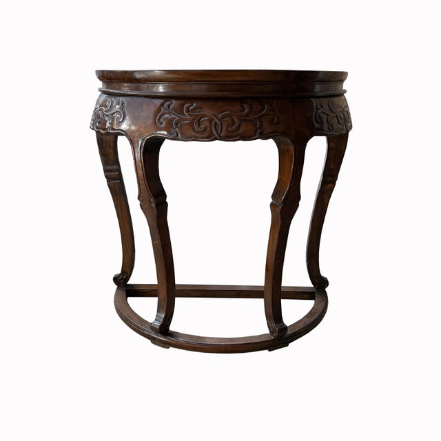 Vintage Chinese Brown Flower Carving Wood Half Round Pedestal Table For Sale In San Francisco - Image 6 of 6