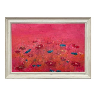 Abstract Turquoise & Red Flowers on Pink Background - Unique Original Art by British Contemporary Artist, 2021 For Sale