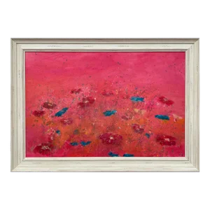Abstract Turquoise & Red Flowers on Pink Background - Unique Original Art by British Contemporary Artist, 2021