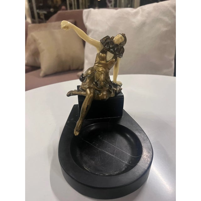 Antique French Art Deco Bronze Harlequin Posing on Marble Pedestal Ashtray For Sale - Image 10 of 10