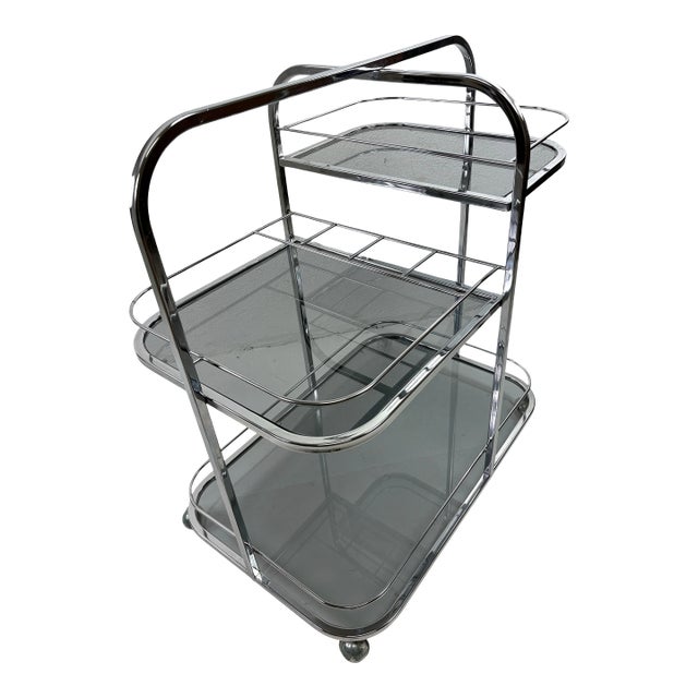 Early 20th Century Art Deco Chrome and Smoked Glass Bar Cart For Sale
