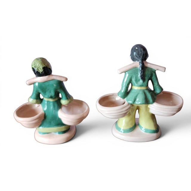 Set Mid Century Modern Asian man & woman Kaye Of Hollywood Ceramic Planter Figurines, c1950s. Man missing hat. Otherwise...