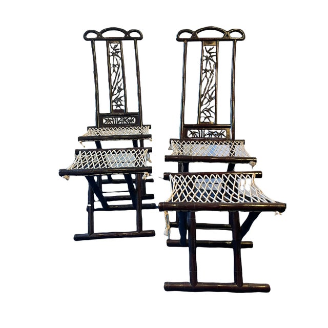 Antique Hand-Crafted Asian Bamboo Folding Chairs With Stools- 4 Pieces For Sale - Image 4 of 13