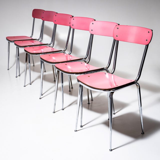 Metal Pink Formica Dining Set of Table and Chairs, Italy, 1960s, Set of 7 For Sale - Image 7 of 12