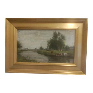 Barbizon 19 Century Signed Oil/Board "Cow Herd by River" For Sale
