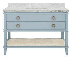 Matthew Izzo Home Cutler 48" Light Blue Matte Lacquer Single Sink, Two Drawer Bath Vanity With Open Can Shelf and Brass Drawer Pulls