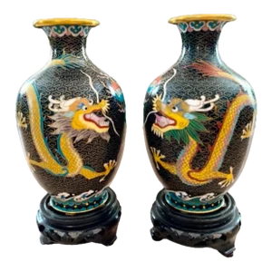 Pair of Chinese Cloisonné Dragon Vases on Wooden Stands