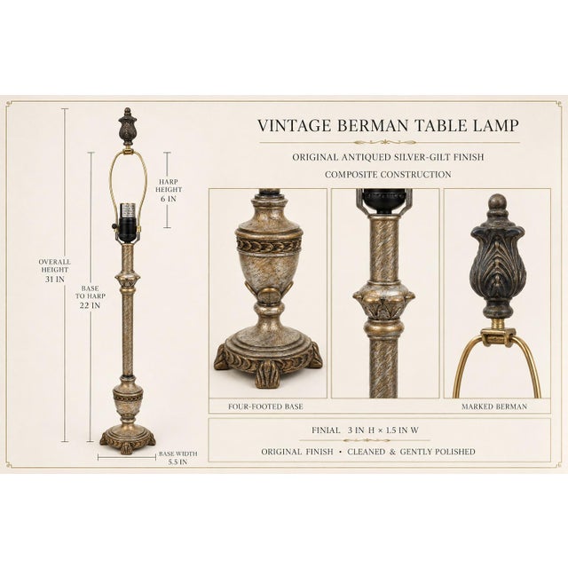 Marked Berman, this elegant vintage table lamp features an unusually tall, slender silhouette enriched with classical...