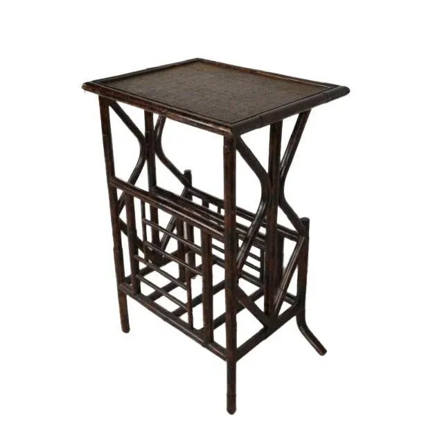 A rare Antique English-Aesthetic Movement bamboo Canterbury magazine rack table with a woven rattan tabletop. Magazine...