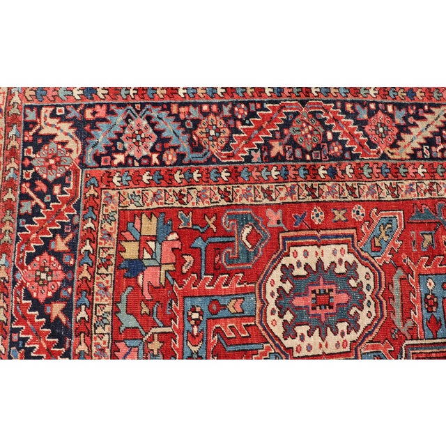 Antique Heriz Rug With Red Field, Geometric Tribal Motifs and Navy Blue Border 9'2 X 11'10 For Sale - Image 12 of 17