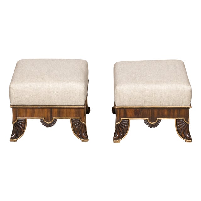 Pair of English Regency 19th Century Footstools with Carved Feet and Gilt Trim For Sale