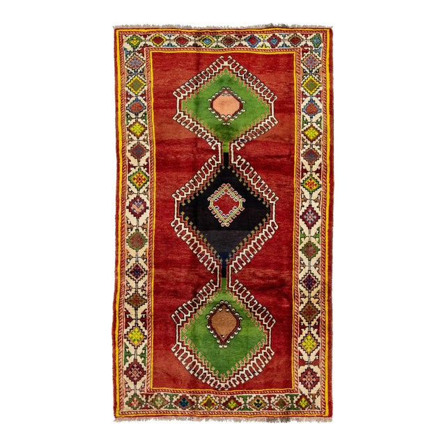Vintage Handmade Red Shiraz Wool Rug With Tribal Design For Sale