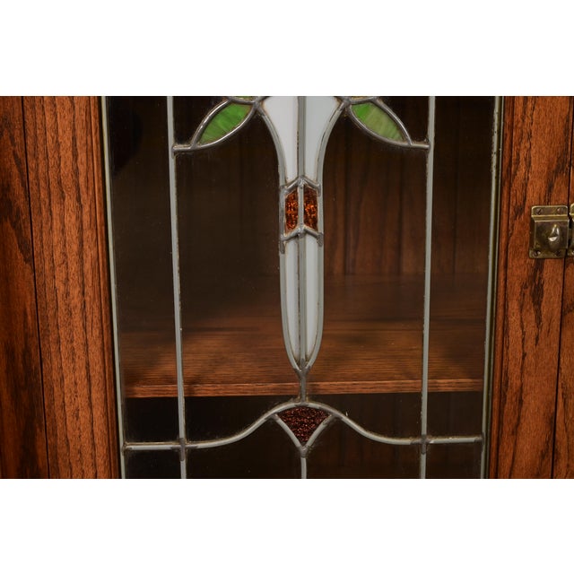 Antique Arts & Crafts Carved Oak Sideboard or Bar Cabinet With Stained Glass Doors, Newly Refinished For Sale - Image 10 of 15