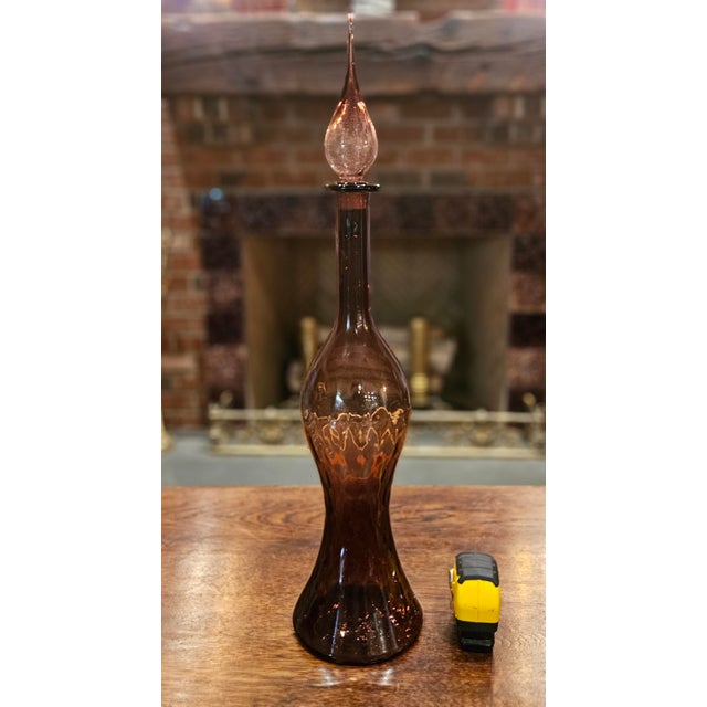 Vintage MCM Amethyst Glass Genie Bottle Decanter Italian Empoli Style With Flame Stopper For Sale In Charlotte - Image 6 of 12