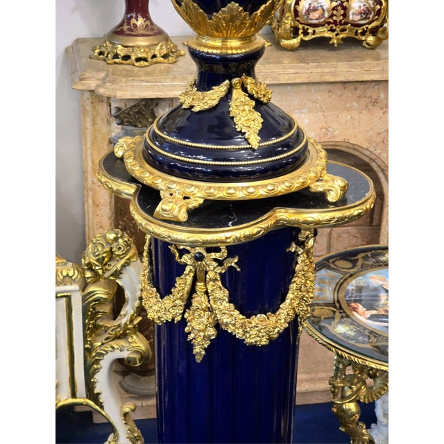 Grand Sevres-Style Midnight Blue Porcelain Vase on Pedestal With Gold Leaf & Bronze Details For Sale - Image 10 of 10